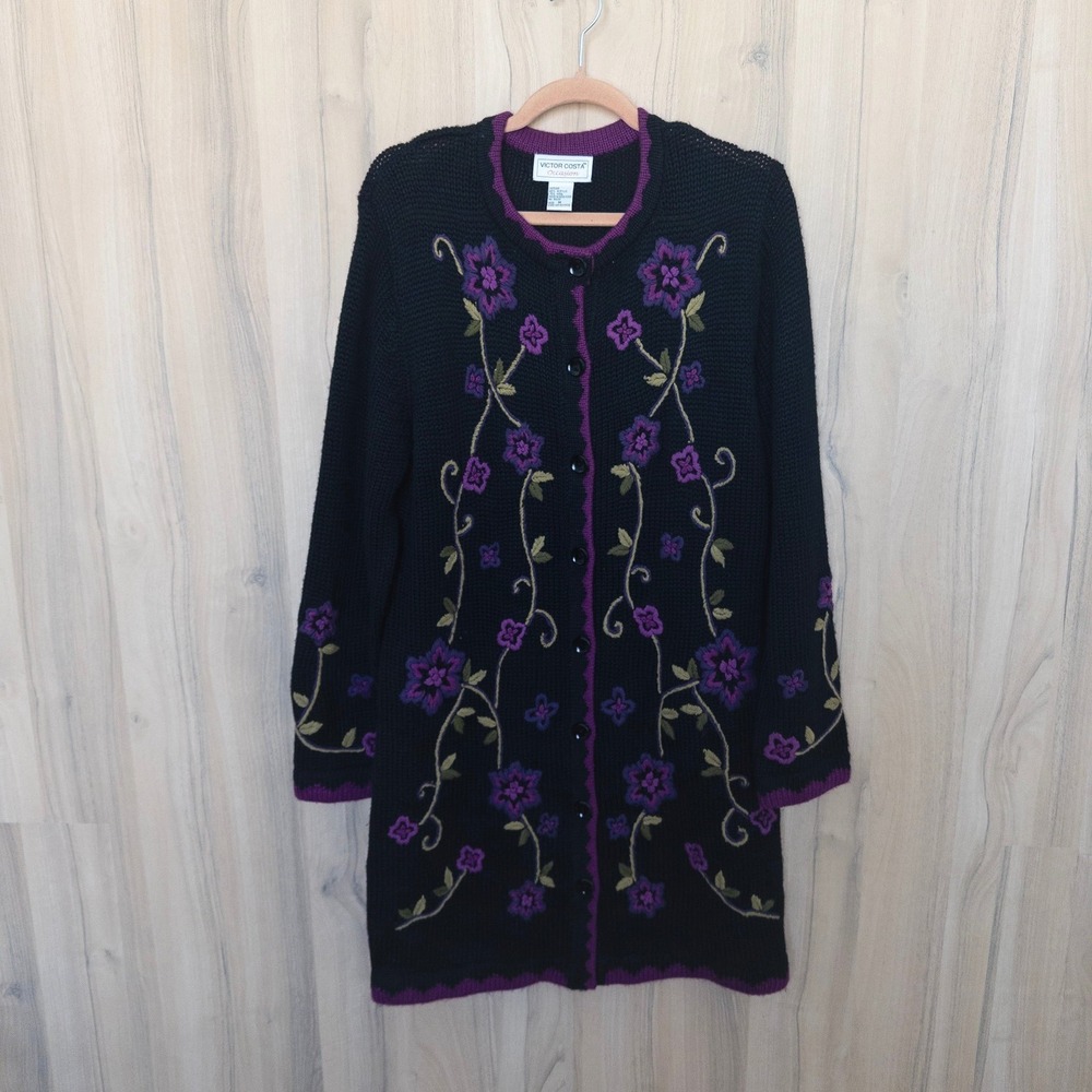 Vintage Victor Costa Womens Wool Embroidered Cardigan M Black Floral Longline